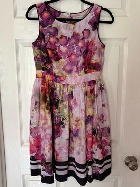 Liz Claiborne Pink and Purple Floral Sleeveless Party Dress Flowy Fit & Flare